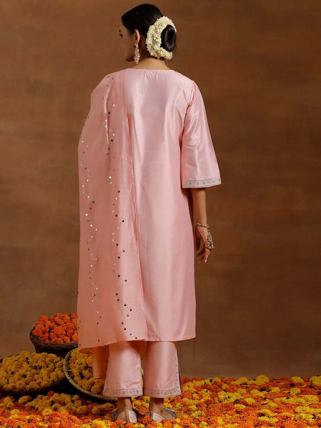 Gerua Peach Yoke Design Silk Blend Straight Suit With Dupatta