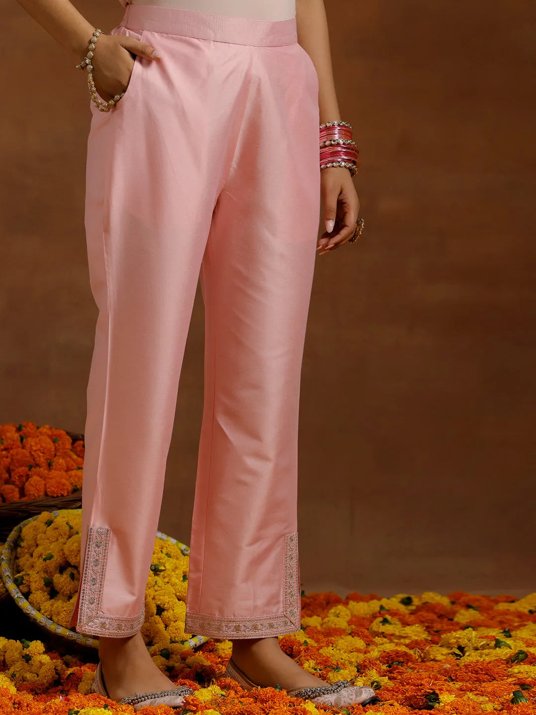 Gerua Peach Yoke Design Silk Blend Straight Suit With Dupatta