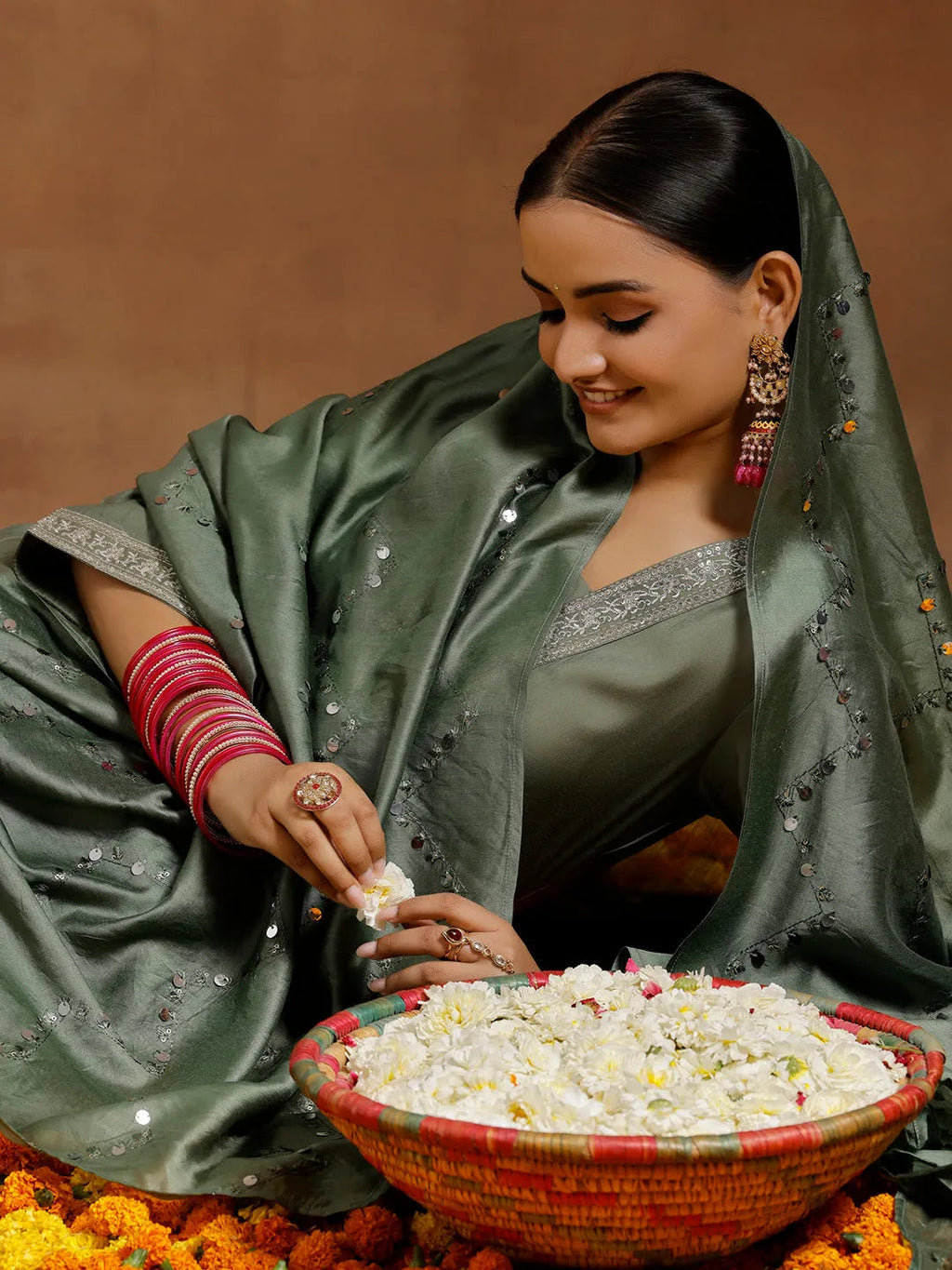 Gerua Olive Yoke Design Silk Blend Straight Suit With Dupatta