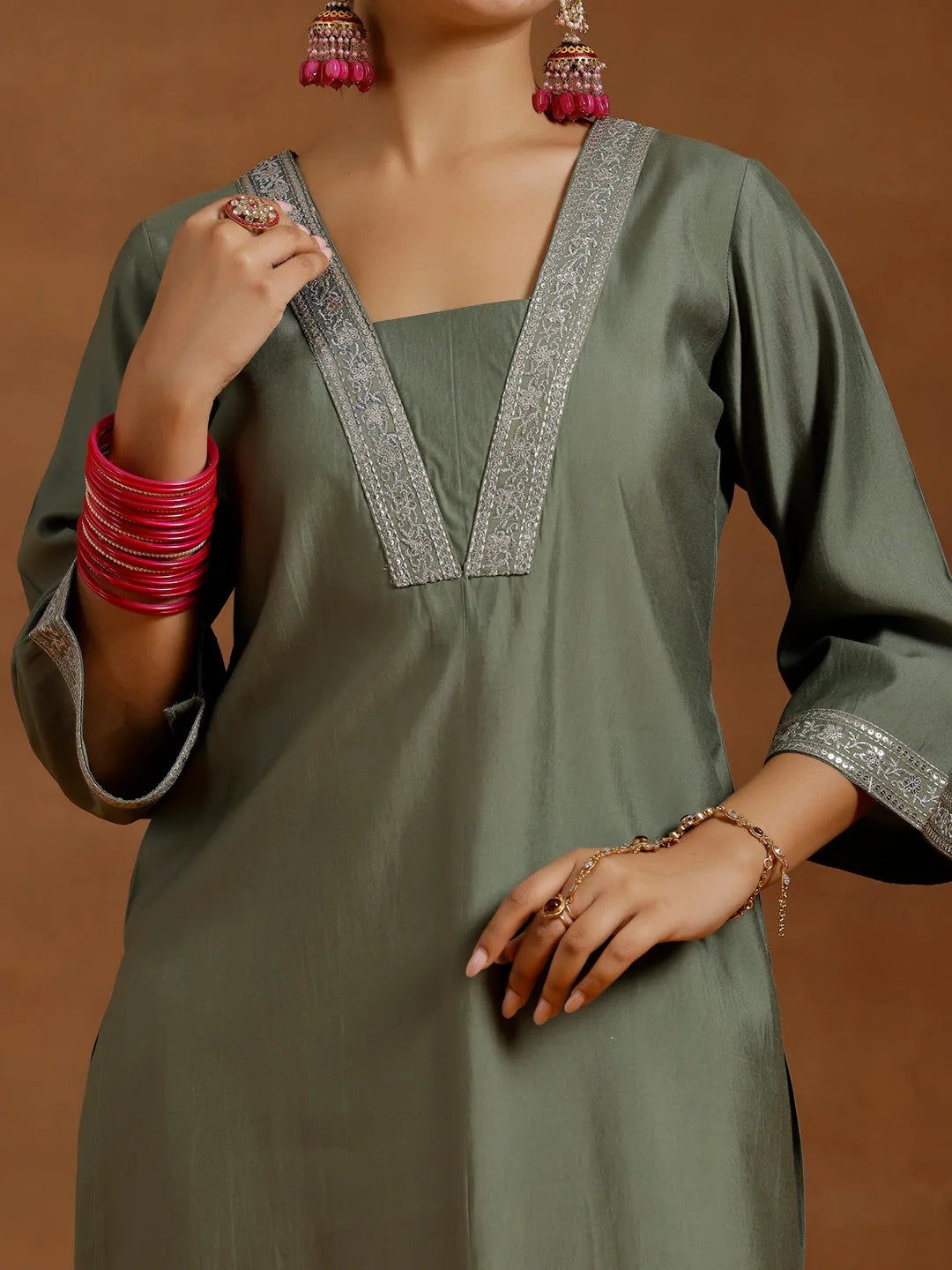 Gerua Olive Yoke Design Silk Blend Straight Suit With Dupatta
