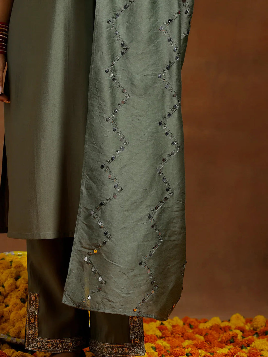 Gerua Olive Yoke Design Silk Blend Straight Suit With Dupatta