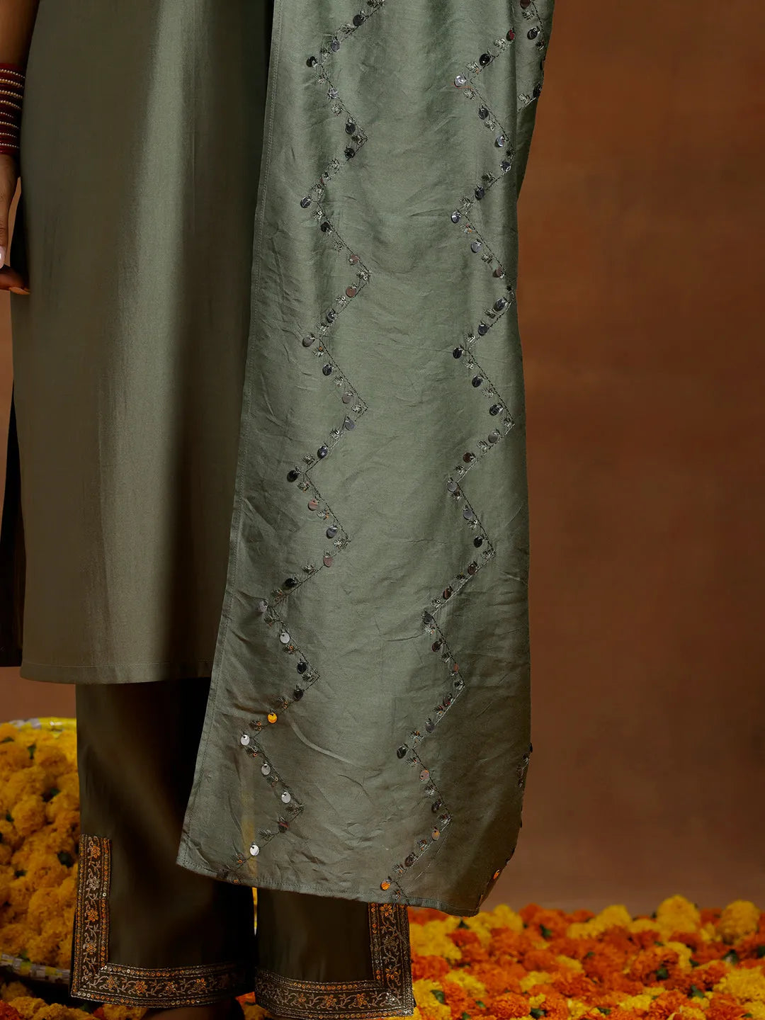 Gerua Olive Yoke Design Silk Blend Straight Suit With Dupatta