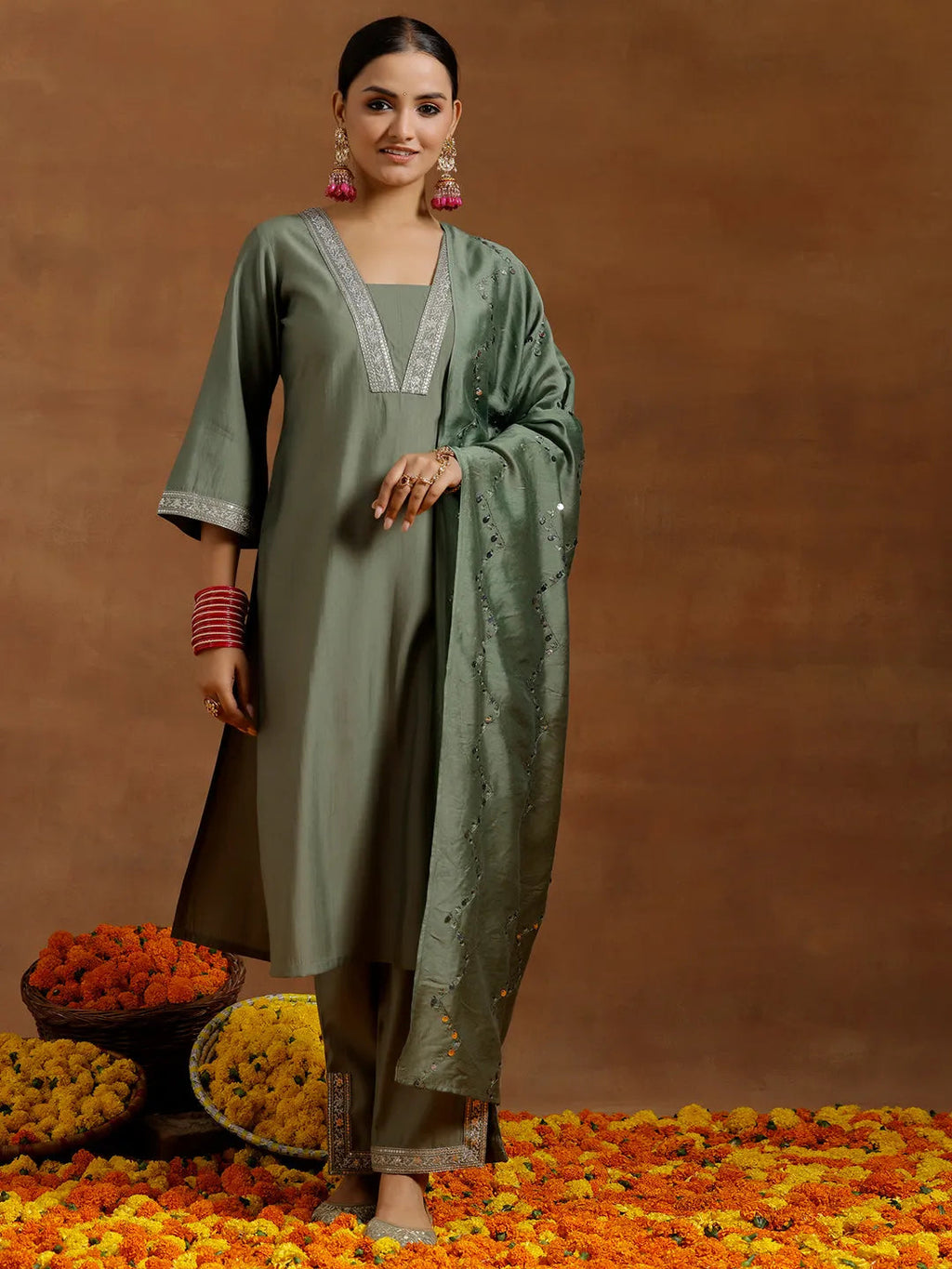 Gerua Olive Yoke Design Silk Blend Straight Suit With Dupatta