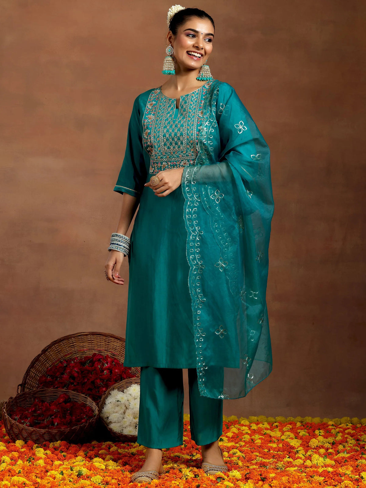 Gerua Teal Yoke Design Silk Blend Straight Suit With Dupatta