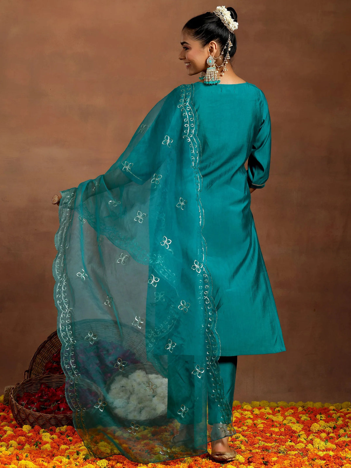Gerua Teal Yoke Design Silk Blend Straight Suit With Dupatta