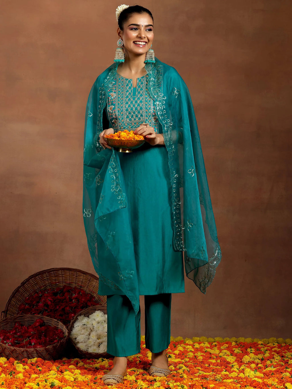 Gerua Teal Yoke Design Silk Blend Straight Suit With Dupatta