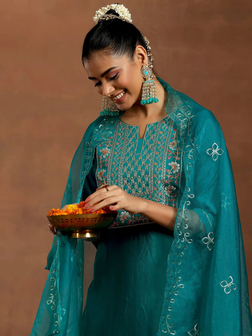 Gerua Teal Yoke Design Silk Blend Straight Suit With Dupatta
