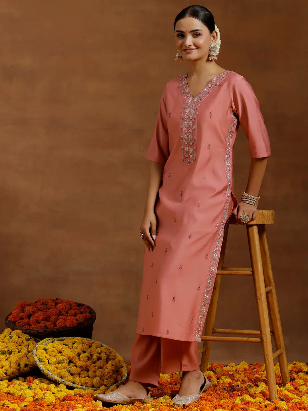 Gerua Peach Embroidered Silk Blend Straight Kurta Set