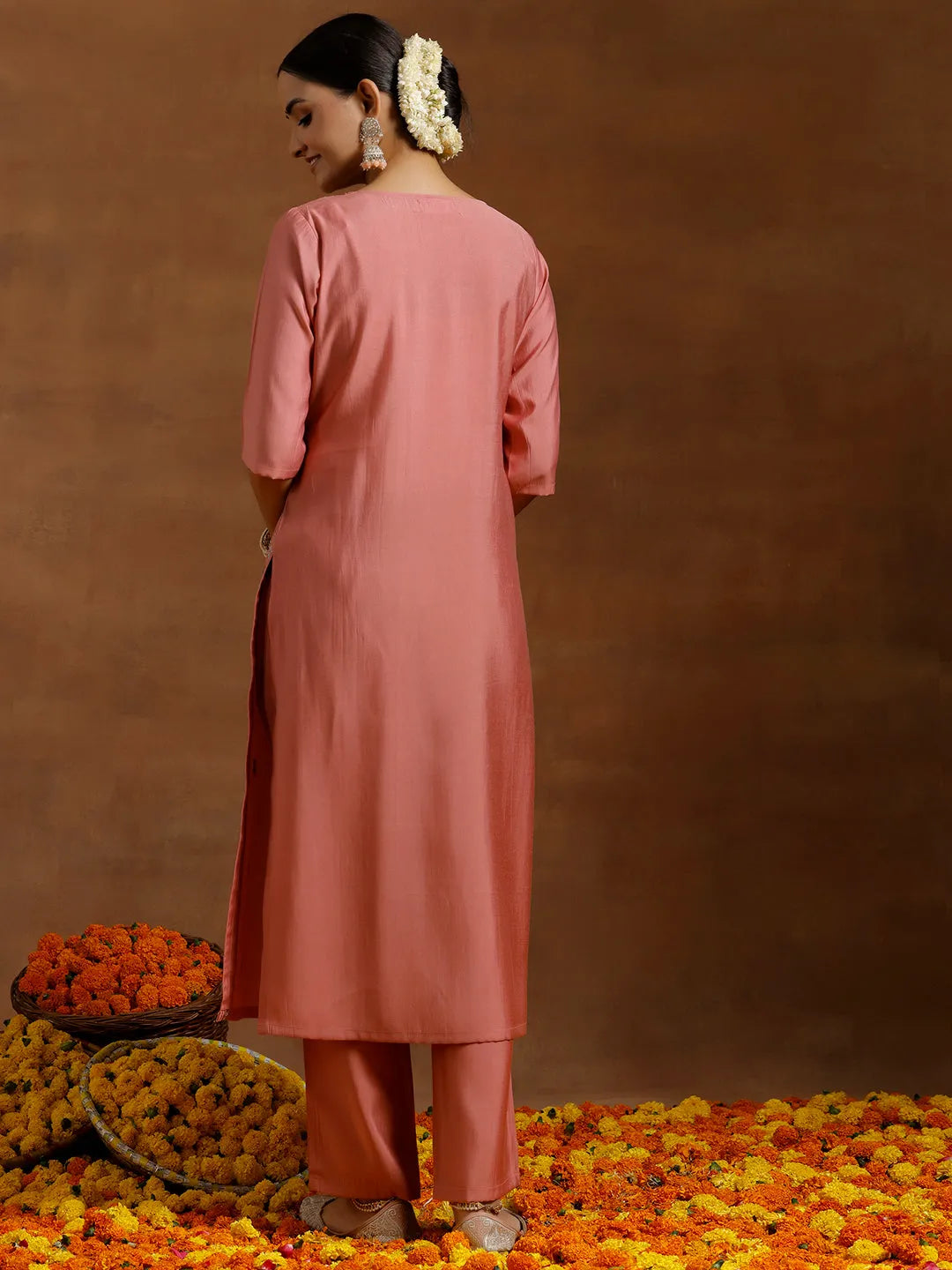 Gerua Peach Embroidered Silk Blend Straight Kurta Set