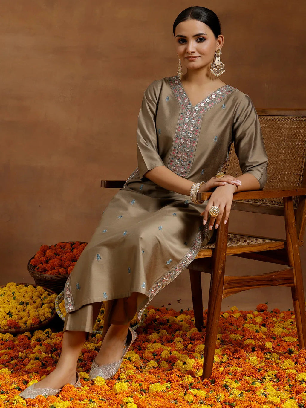 Gerua Gold Embroidered Silk Blend Straight Kurta Set