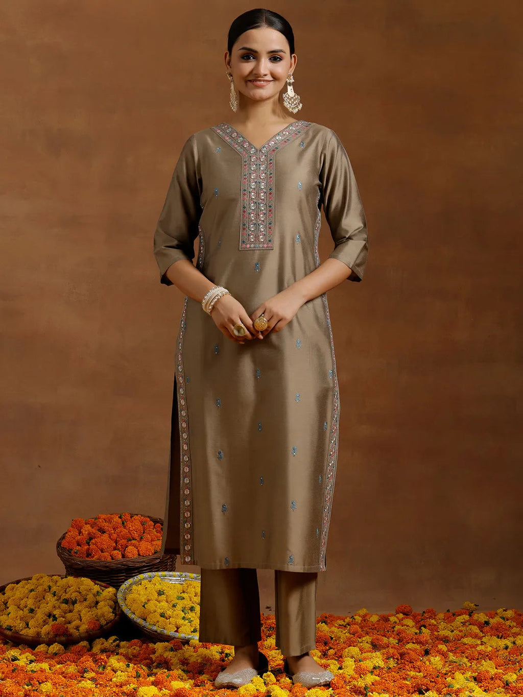 Gerua Gold Embroidered Silk Blend Straight Kurta Set