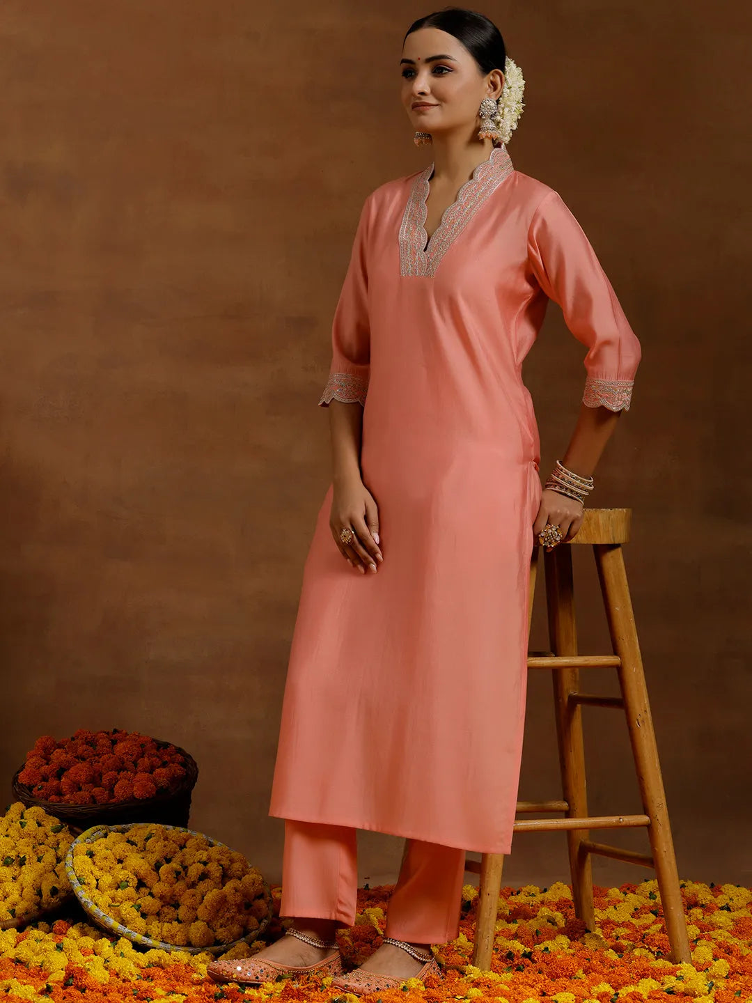 Gerua Peach Embroidered Silk Blend Straight Kurta Set