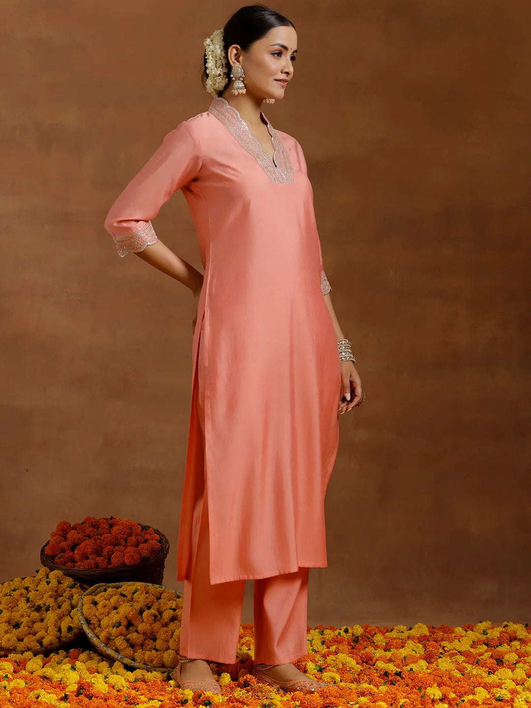 Gerua Peach Embroidered Silk Blend Straight Kurta Set