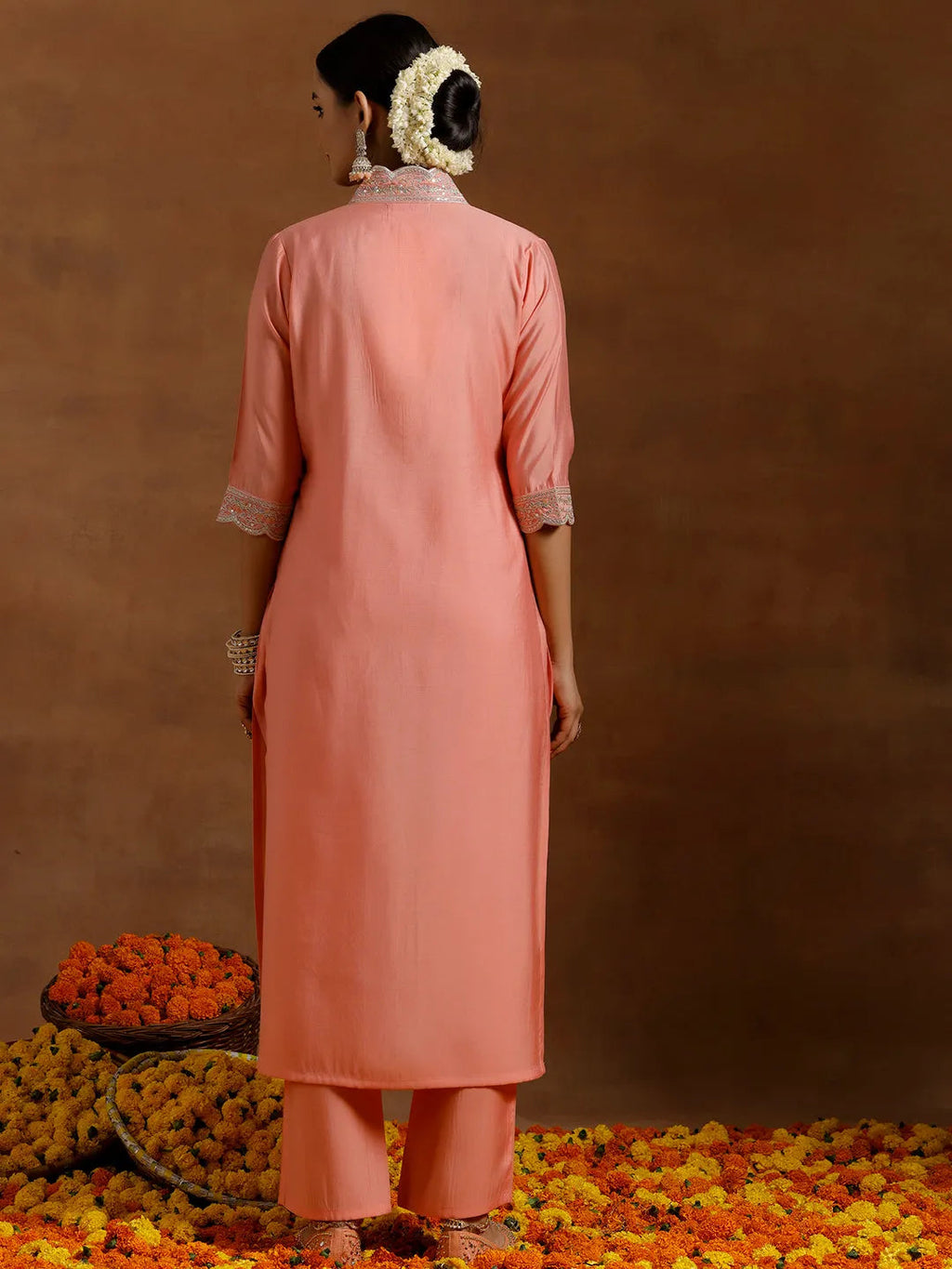 Gerua Peach Embroidered Silk Blend Straight Kurta Set