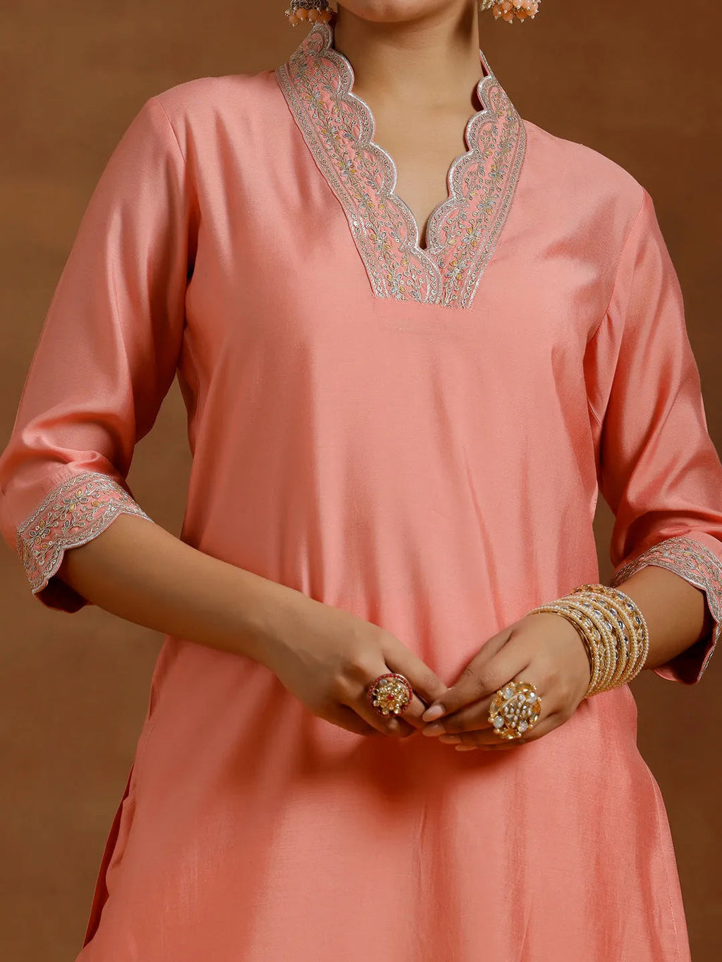 Gerua Peach Embroidered Silk Blend Straight Kurta Set