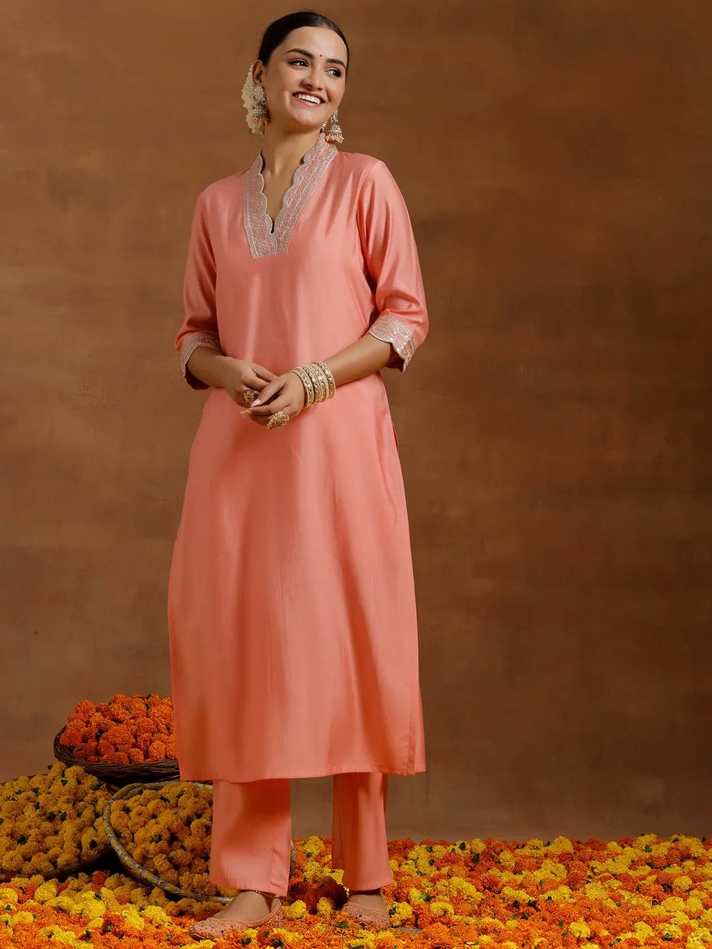 Gerua Peach Embroidered Silk Blend Straight Kurta Set
