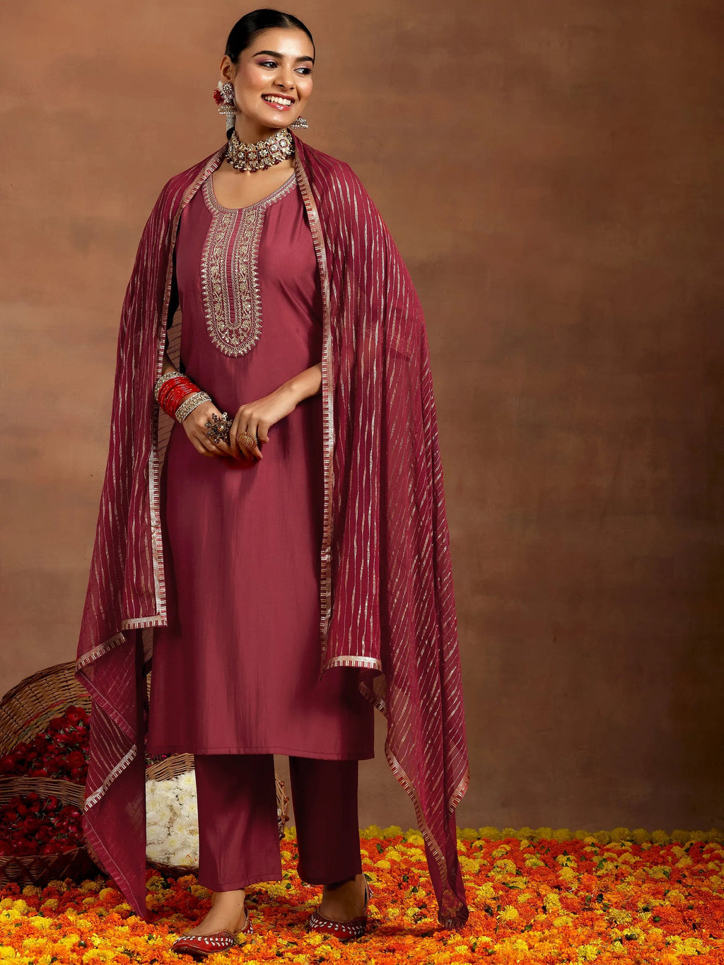 Gerua Rust Yoke Design Silk Blend Straight Suit With Dupatta