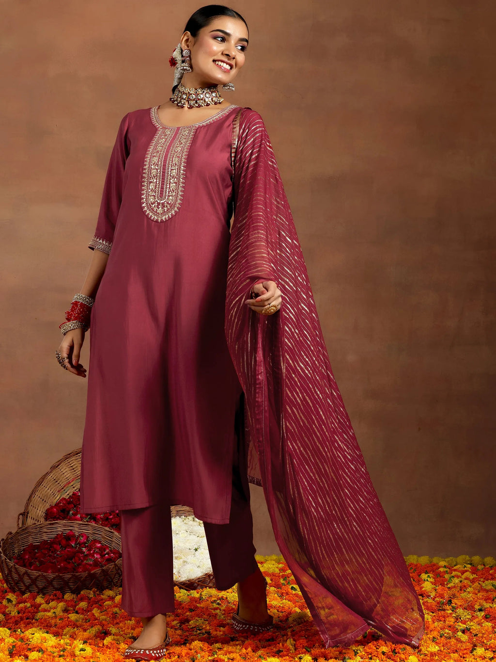 Gerua Rust Yoke Design Silk Blend Straight Suit With Dupatta