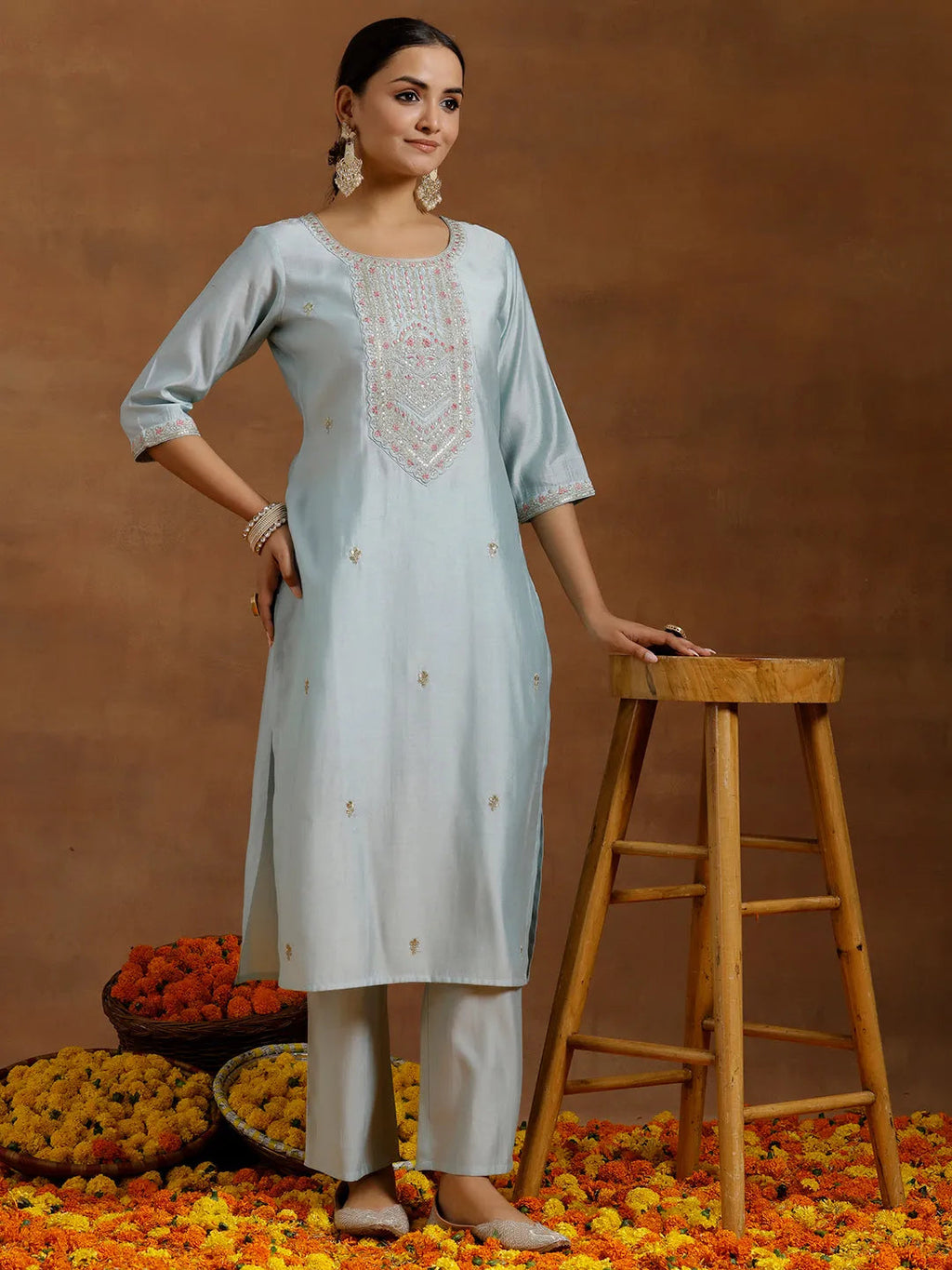 Gerua Blue Embroidered Silk Blend Straight Kurta Set