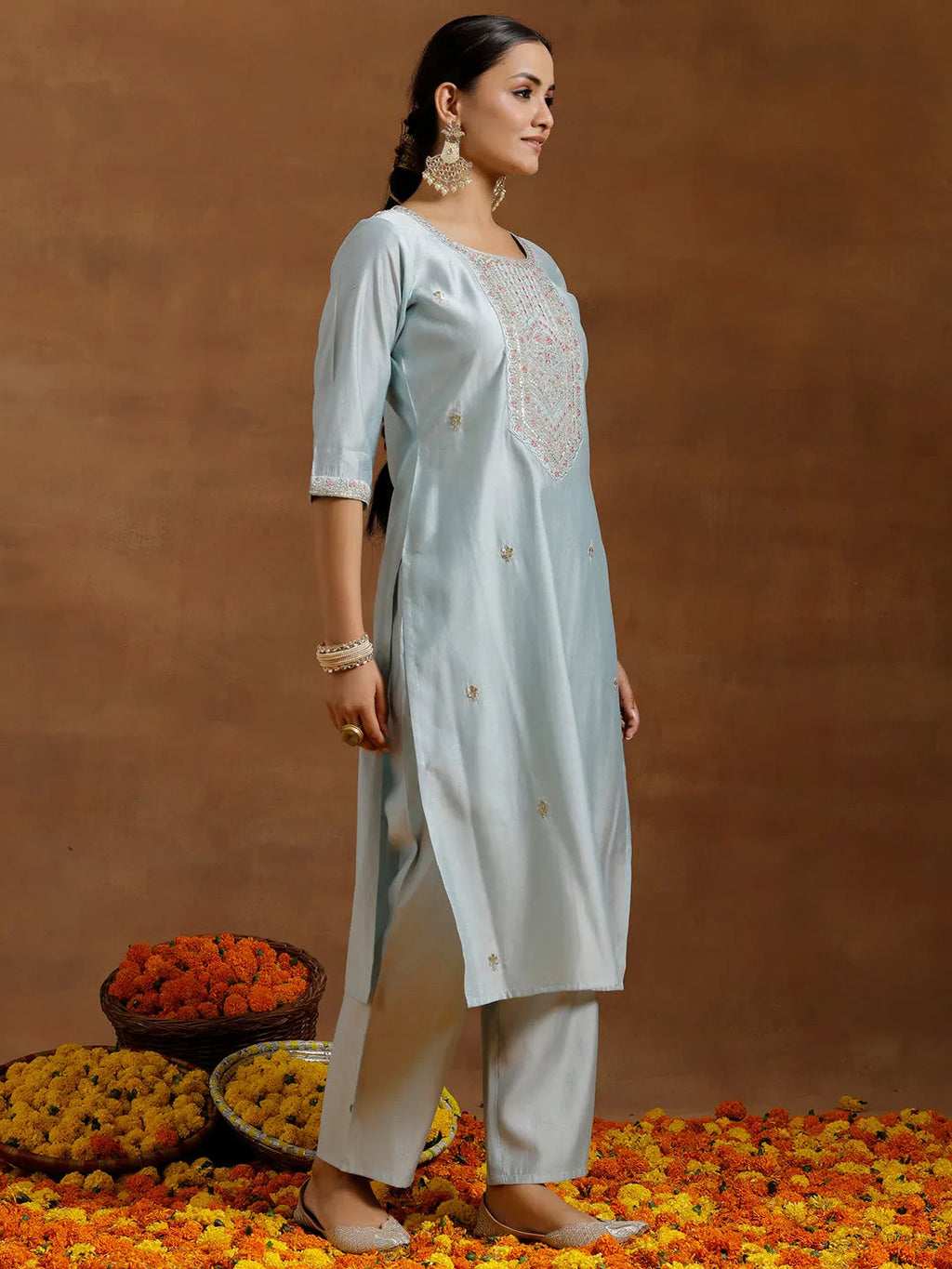 Gerua Blue Embroidered Silk Blend Straight Kurta Set
