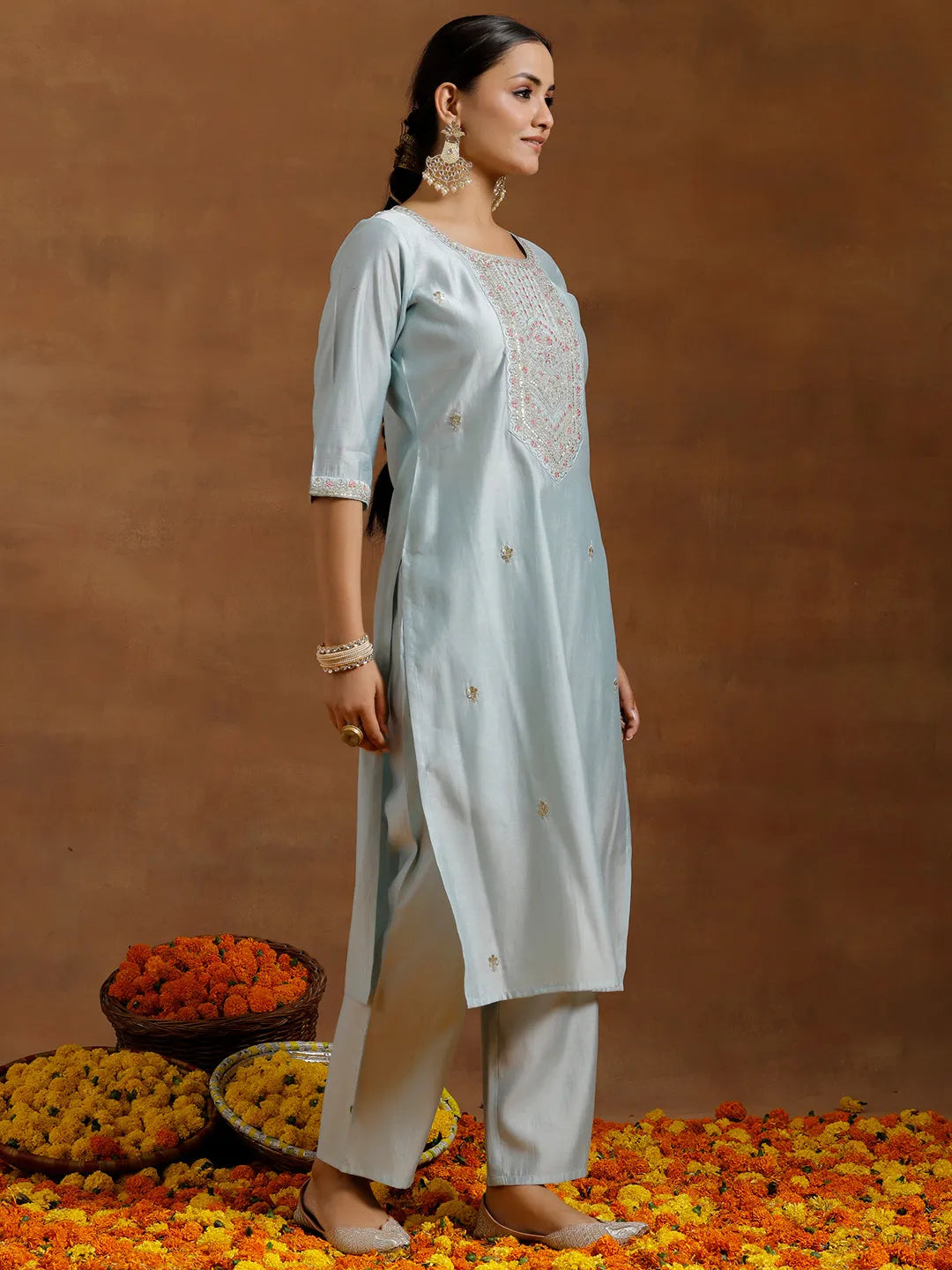Gerua Blue Embroidered Silk Blend Straight Kurta Set