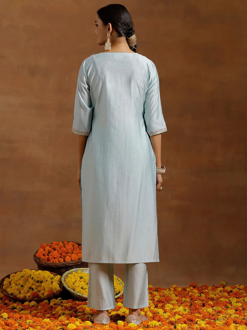 Gerua Blue Embroidered Silk Blend Straight Kurta Set
