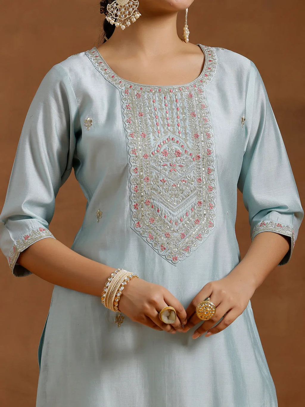 Gerua Blue Embroidered Silk Blend Straight Kurta Set