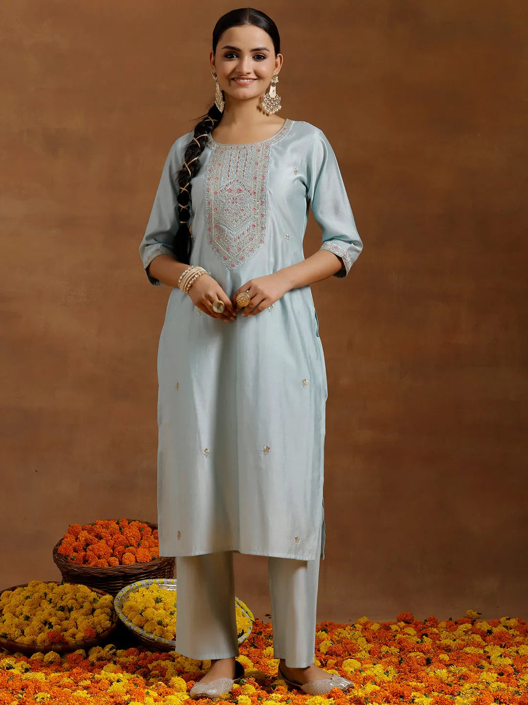 Gerua Blue Embroidered Silk Blend Straight Kurta Set