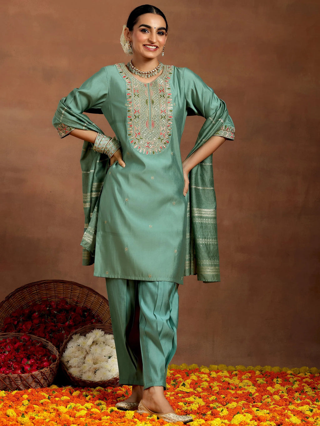 Gerua Green Embroidered Silk Blend Straight Suit With Dupatta