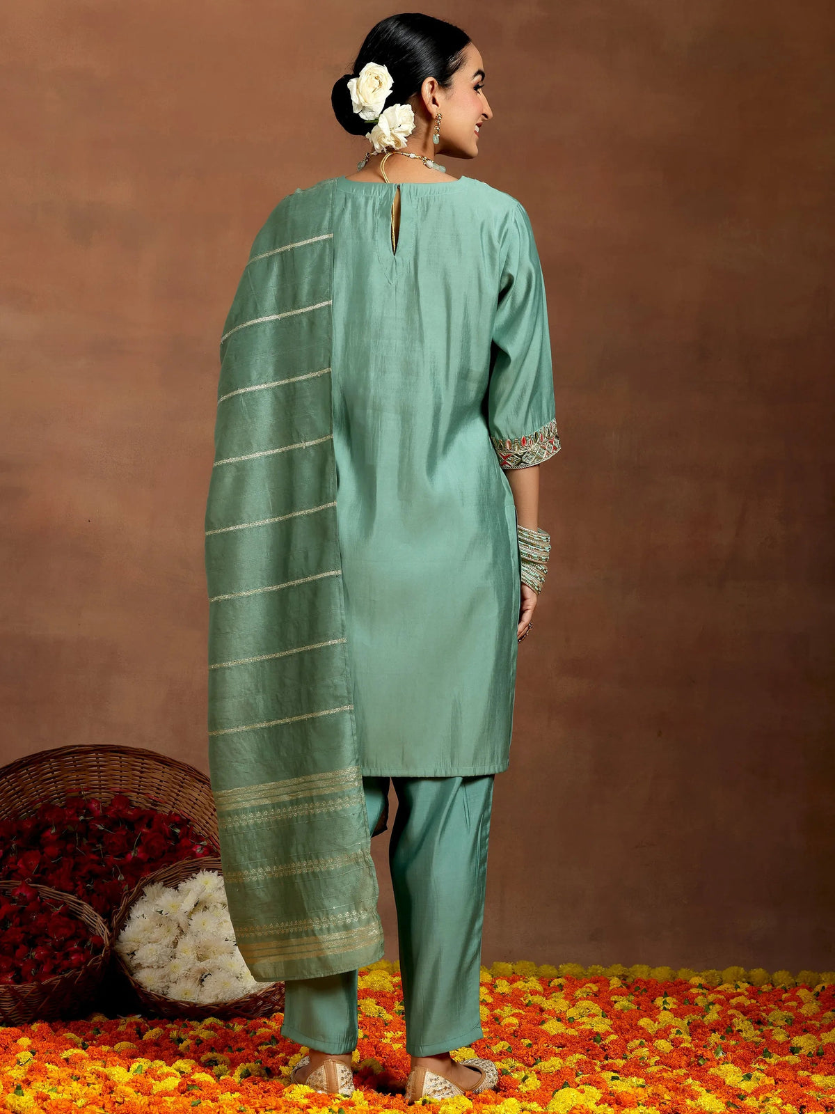Gerua Green Embroidered Silk Blend Straight Suit With Dupatta