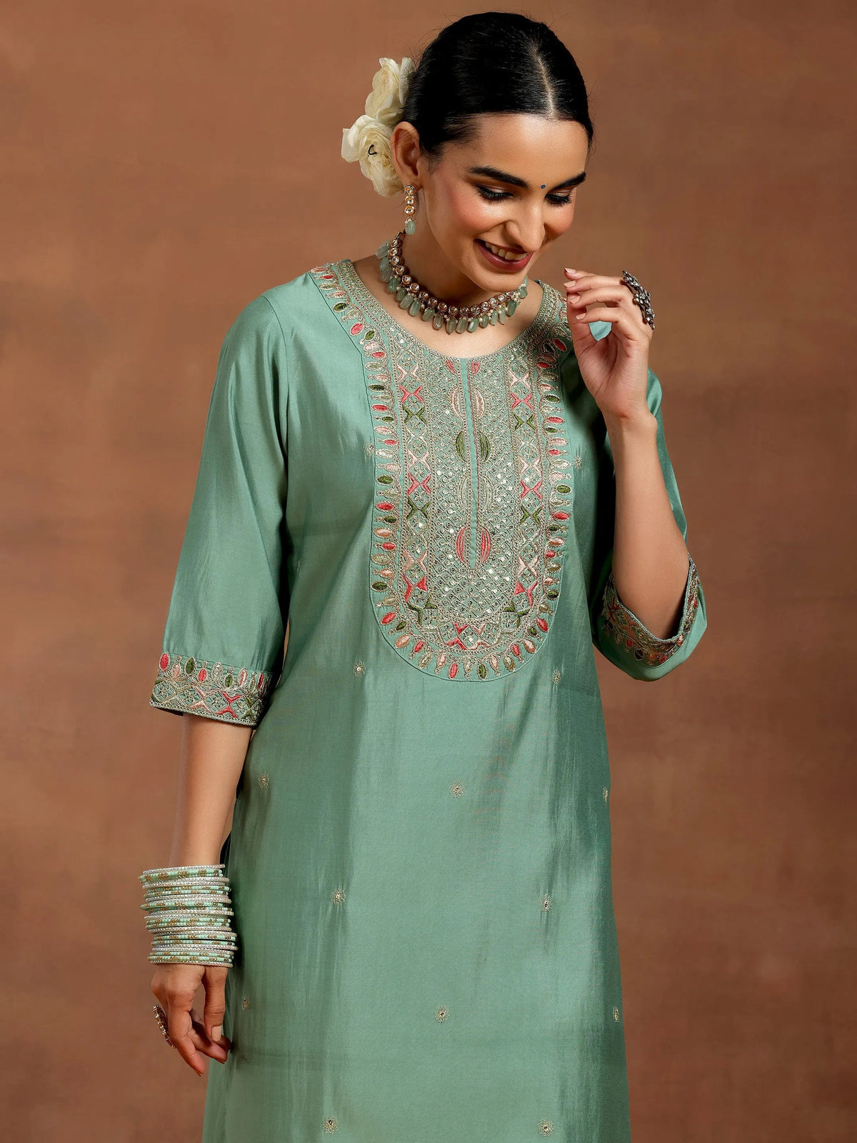Gerua Green Embroidered Silk Blend Straight Suit With Dupatta