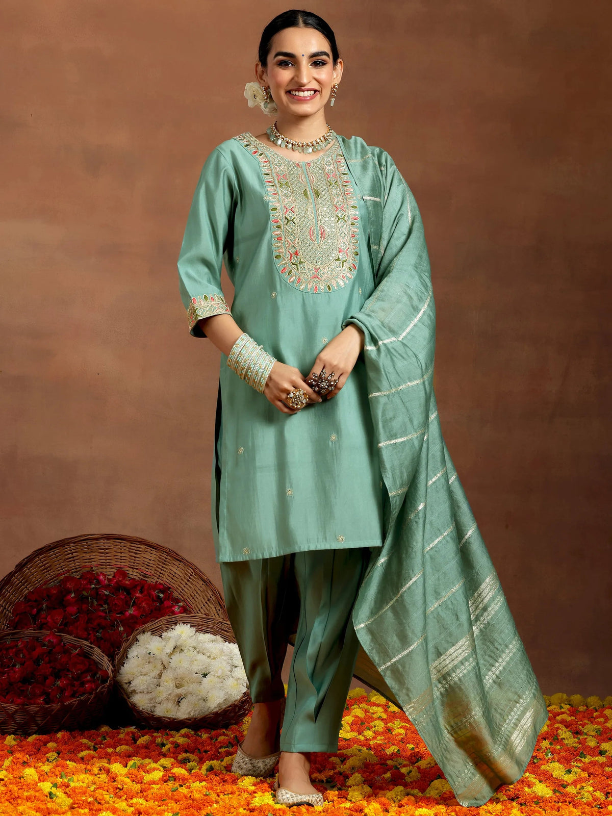 Gerua Green Embroidered Silk Blend Straight Suit With Dupatta
