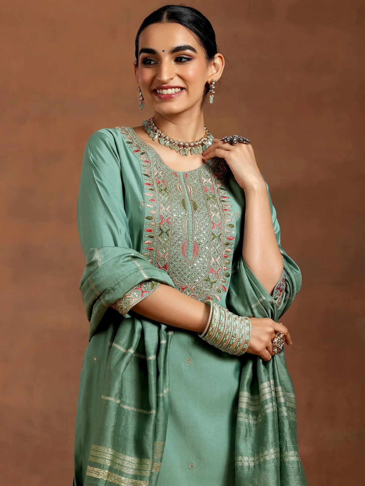 Gerua Green Embroidered Silk Blend Straight Suit With Dupatta