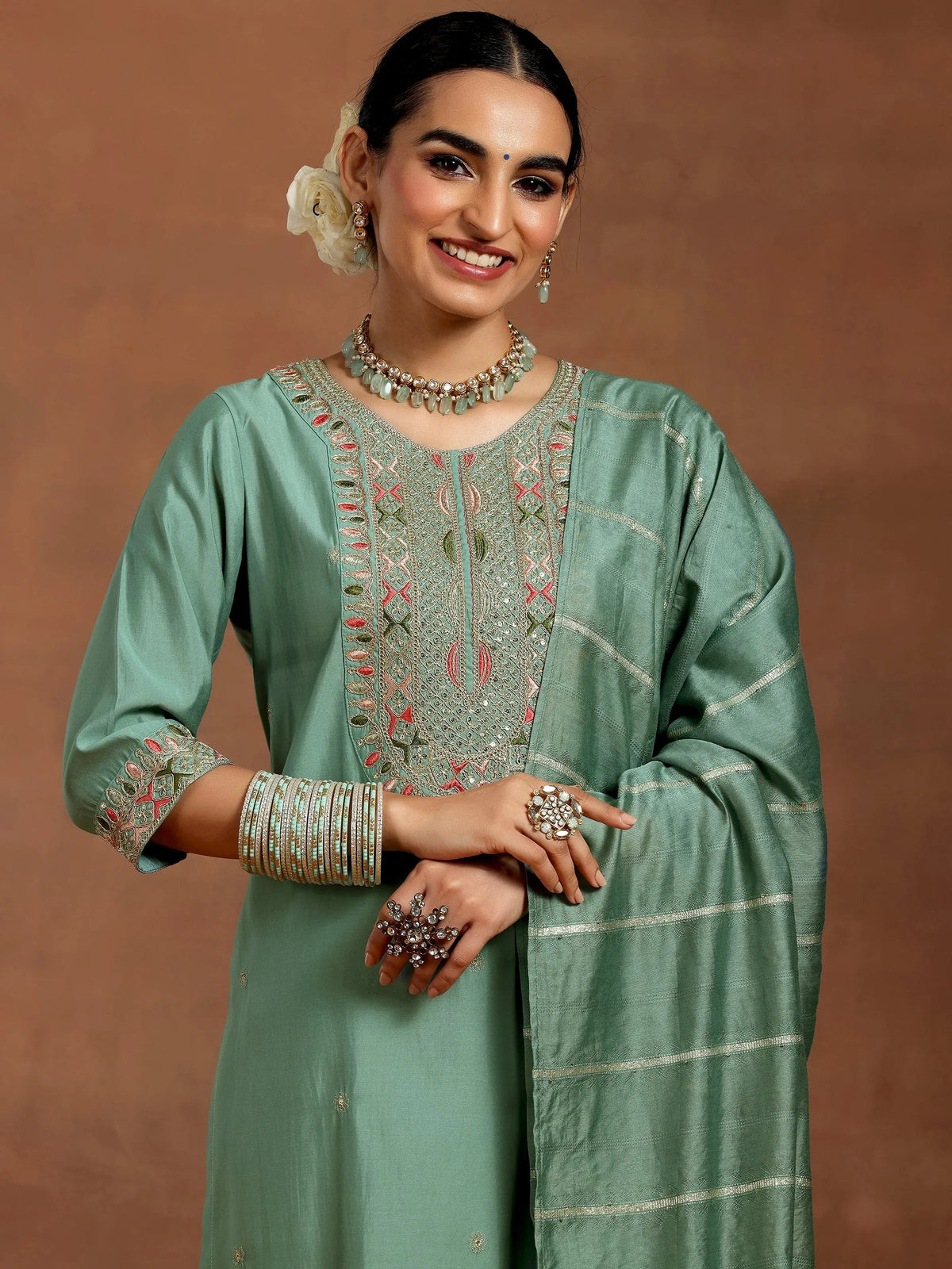 Gerua Green Embroidered Silk Blend Straight Suit With Dupatta