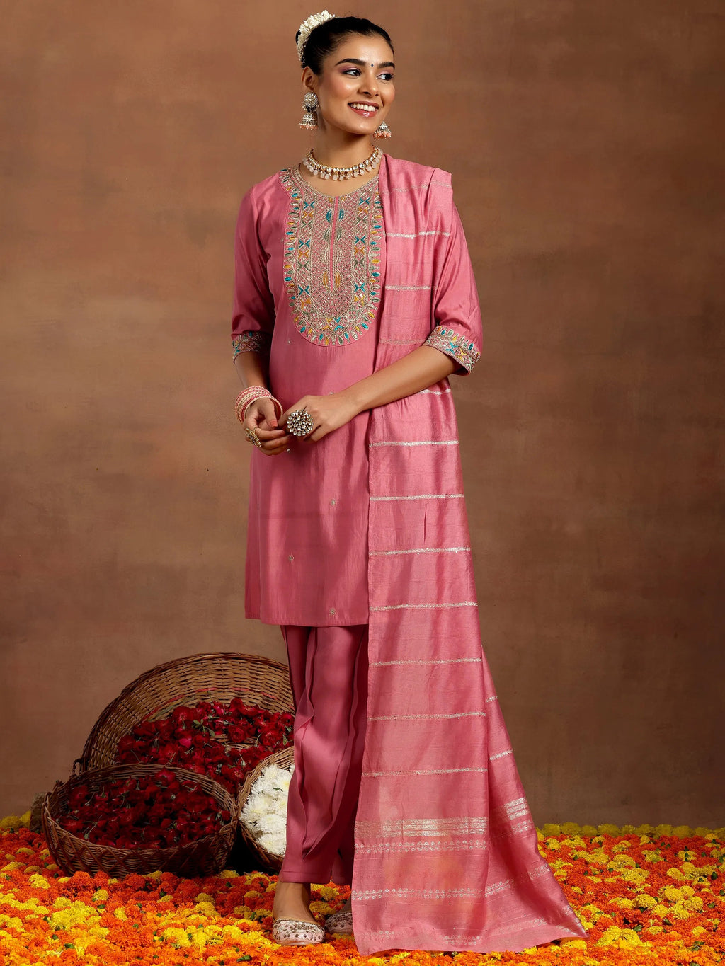Gerua Peach Embroidered Silk Blend Straight Suit With Dupatta