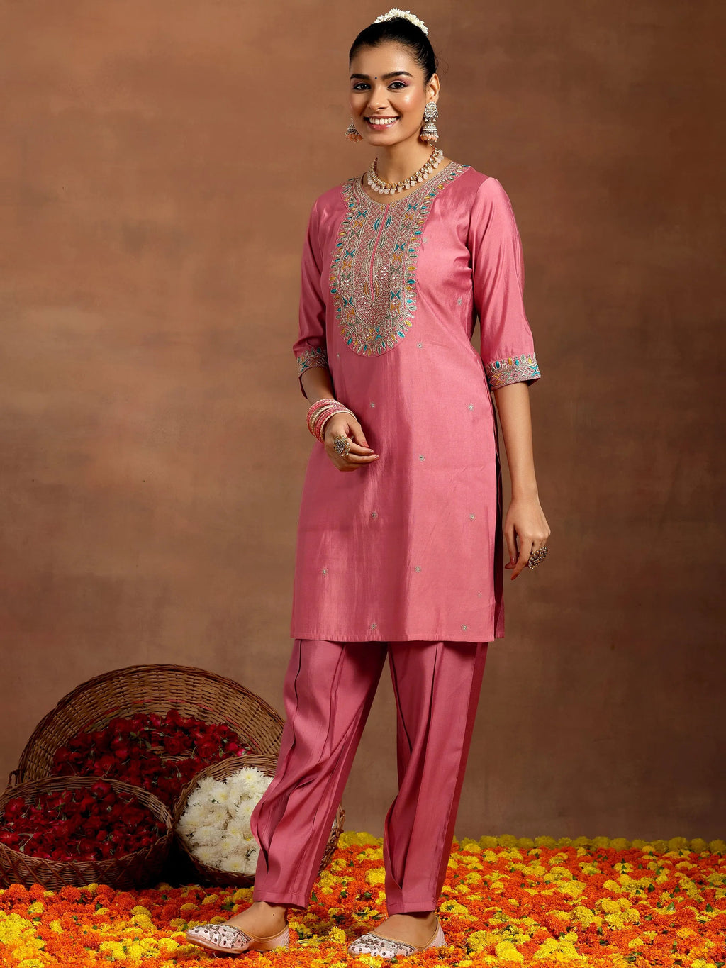 Gerua Peach Embroidered Silk Blend Straight Suit With Dupatta