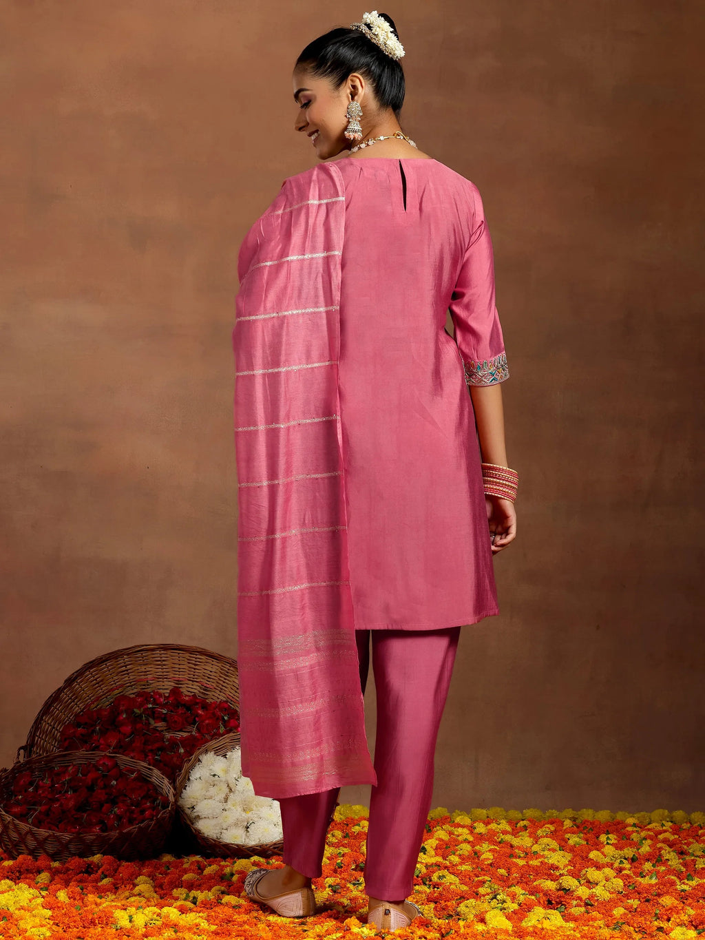 Gerua Peach Embroidered Silk Blend Straight Suit With Dupatta