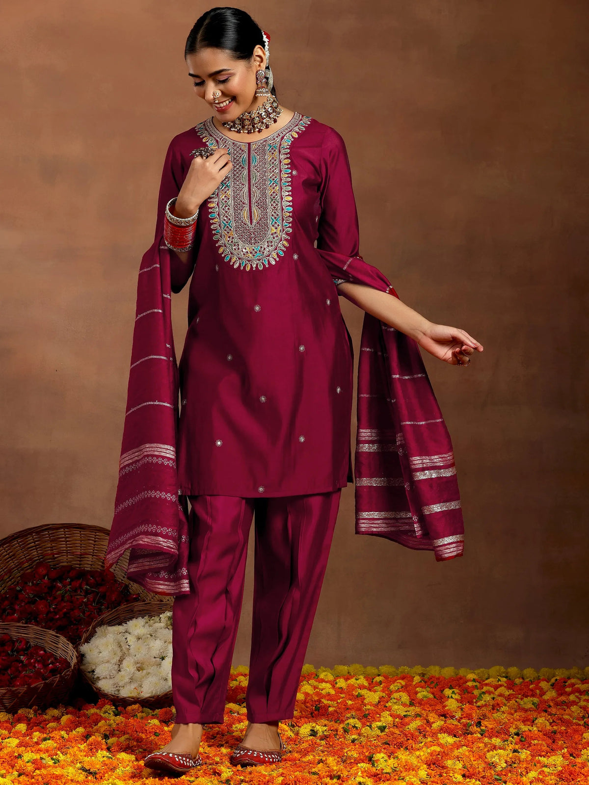 Gerua Maroon Embroidered Silk Blend Straight Suit With Dupatta