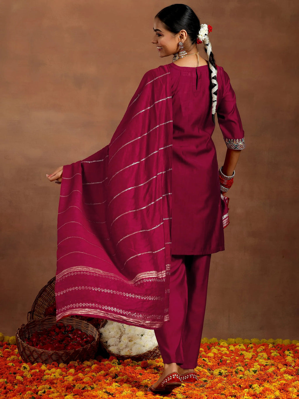 Gerua Maroon Embroidered Silk Blend Straight Suit With Dupatta