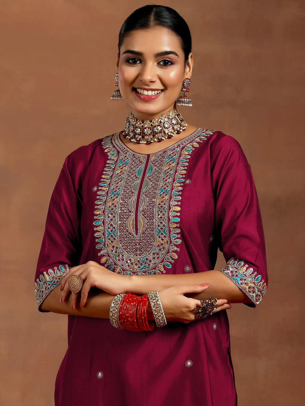 Gerua Maroon Embroidered Silk Blend Straight Suit With Dupatta