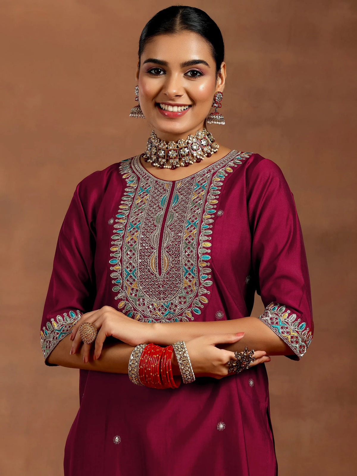 Gerua Maroon Embroidered Silk Blend Straight Suit With Dupatta