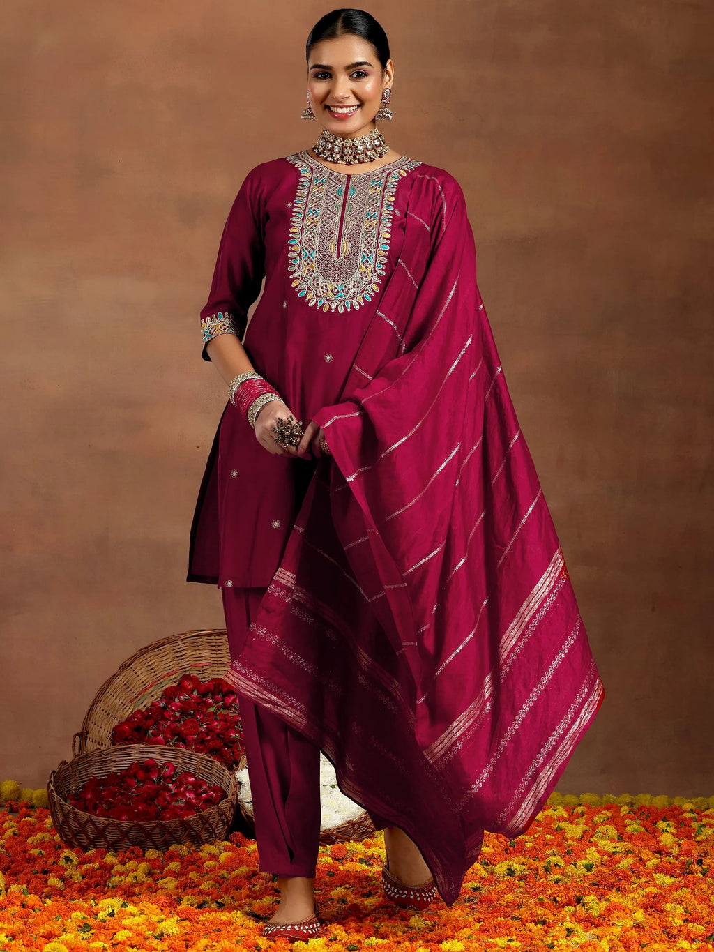 Gerua Maroon Embroidered Silk Blend Straight Suit With Dupatta
