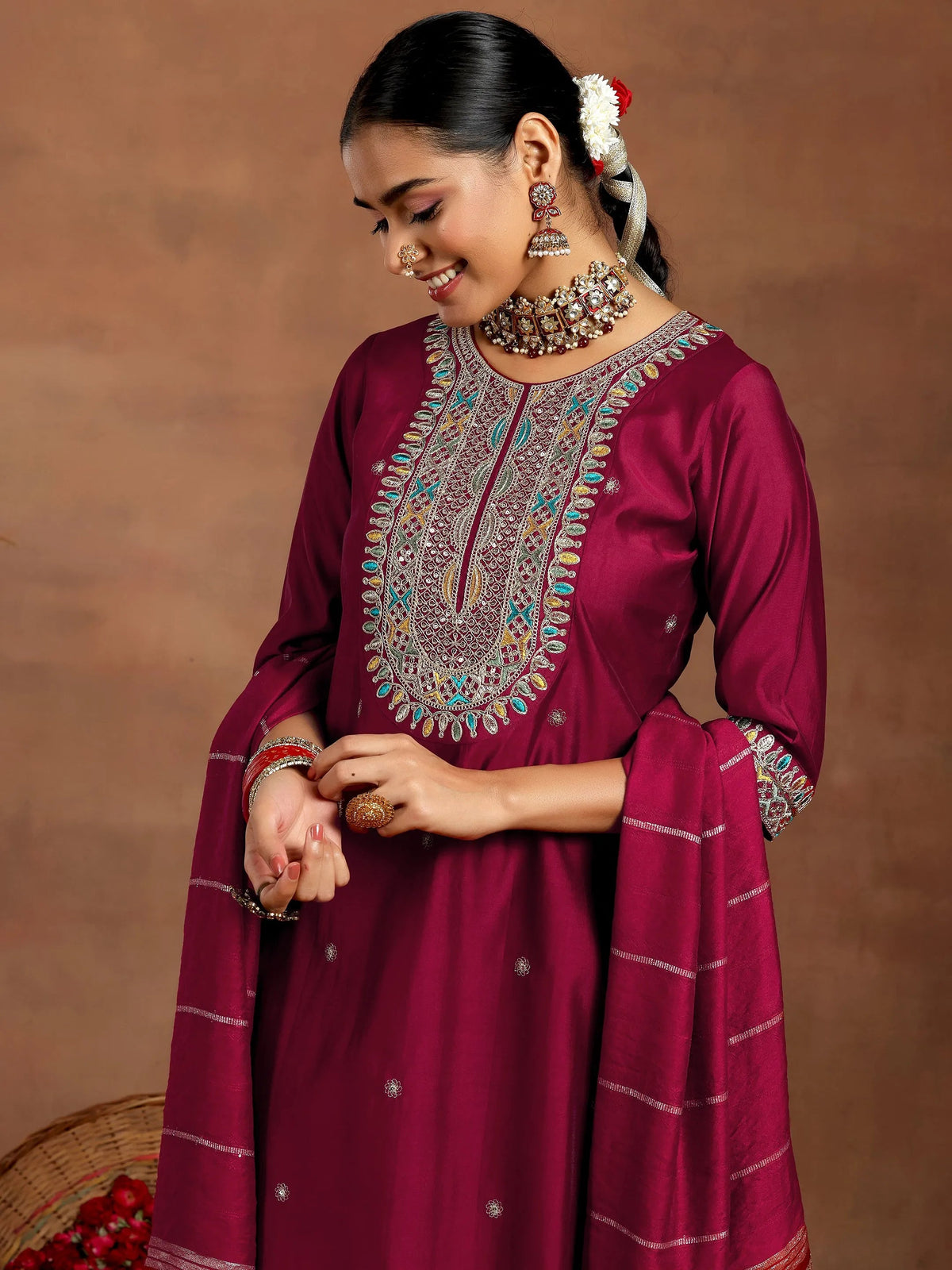 Gerua Maroon Embroidered Silk Blend Straight Suit With Dupatta