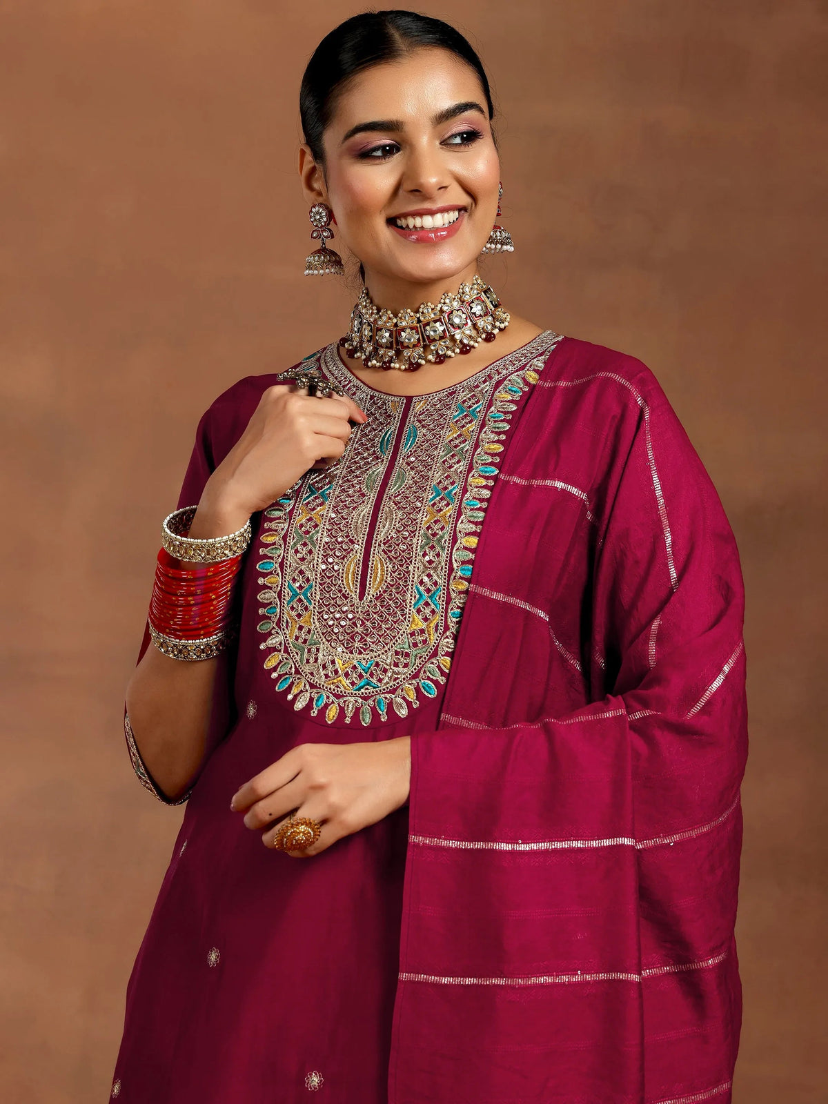 Gerua Maroon Embroidered Silk Blend Straight Suit With Dupatta
