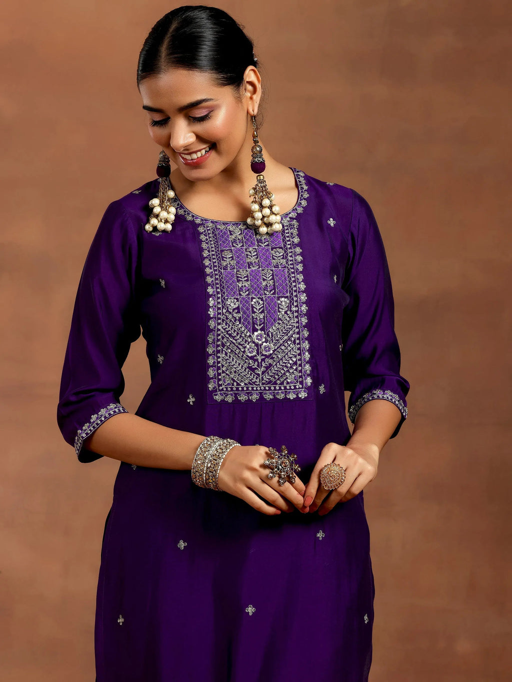 Gerua Purple Embroidered Silk Blend Straight Suit With Dupatta