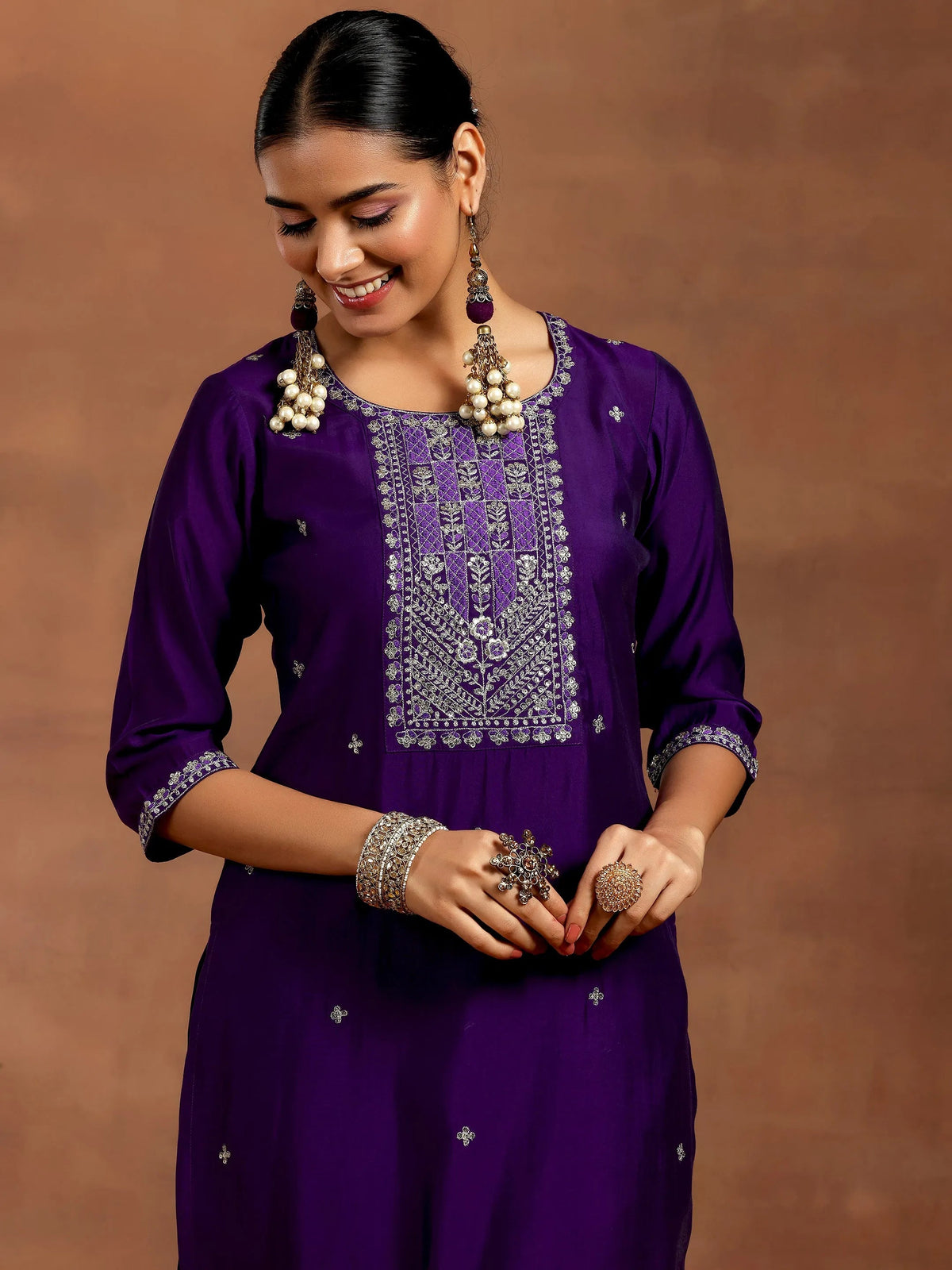 Gerua Purple Embroidered Silk Blend Straight Suit With Dupatta