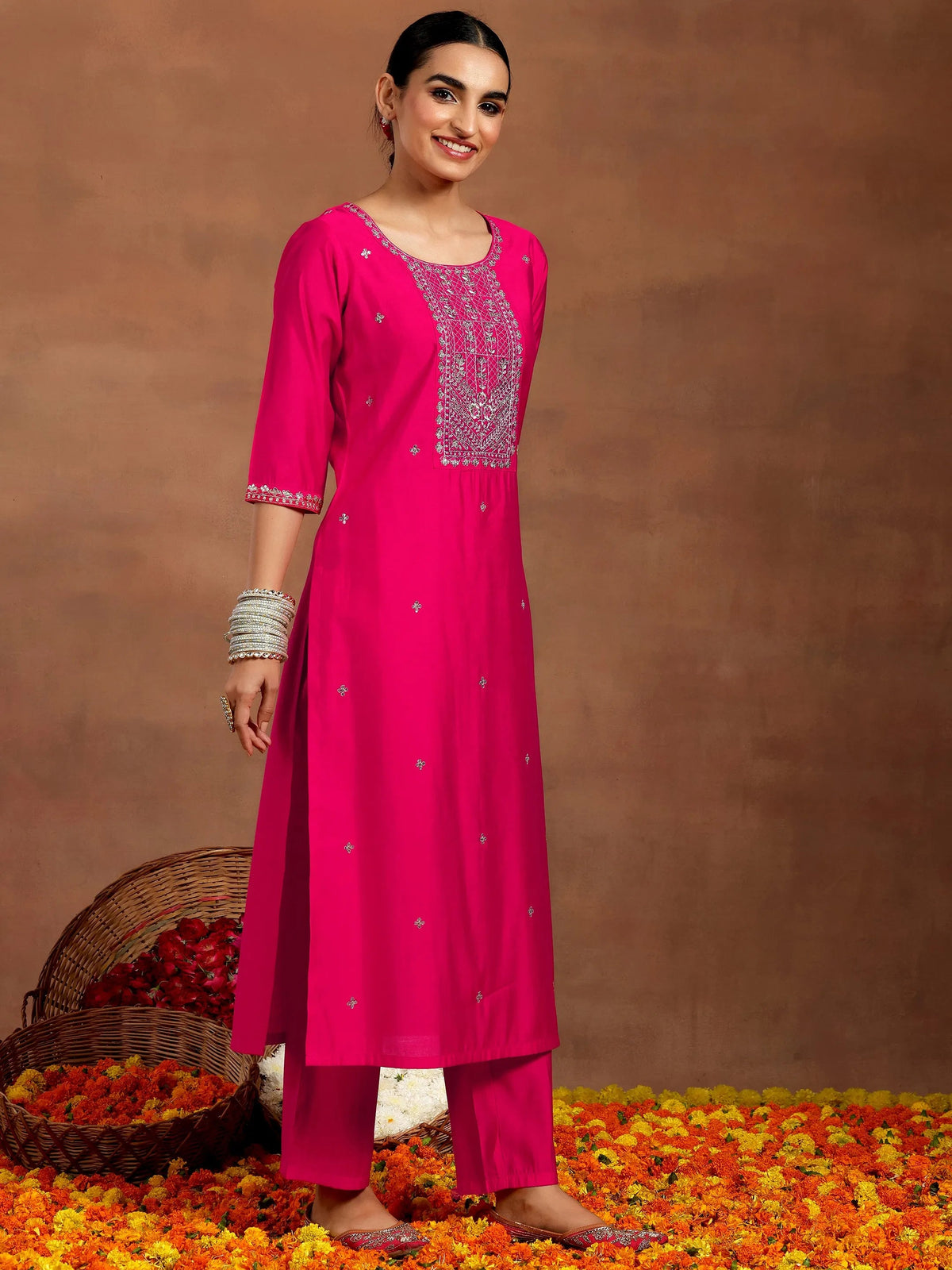Gerua Pink Embroidered Silk Blend Straight Suit With Dupatta