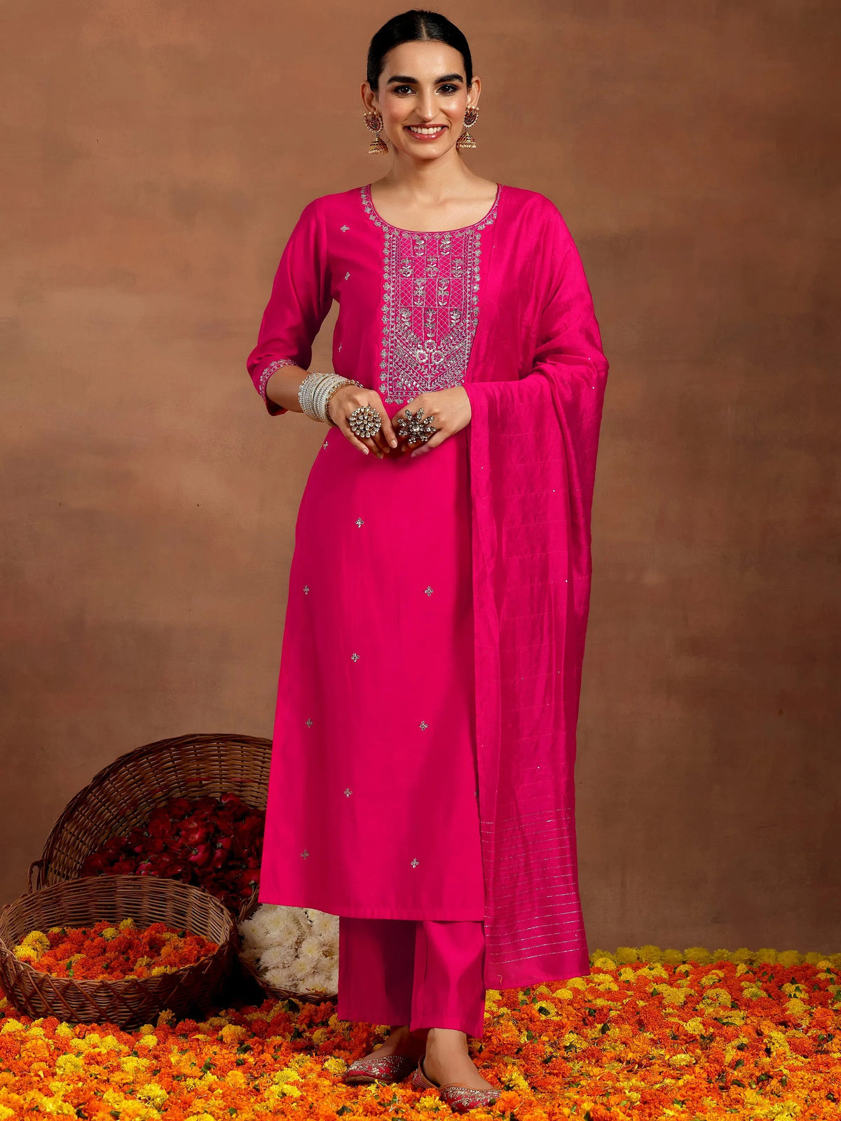 Gerua Pink Embroidered Silk Blend Straight Suit With Dupatta