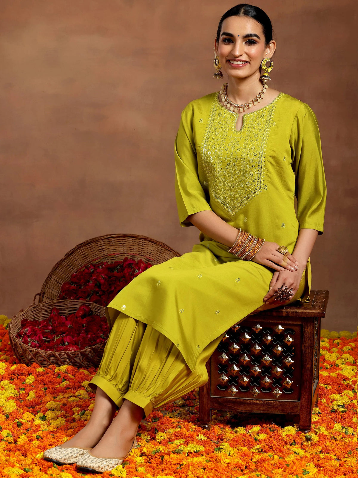 Gerua Lime Green Embroidered Silk Blend Straight Kurta Set