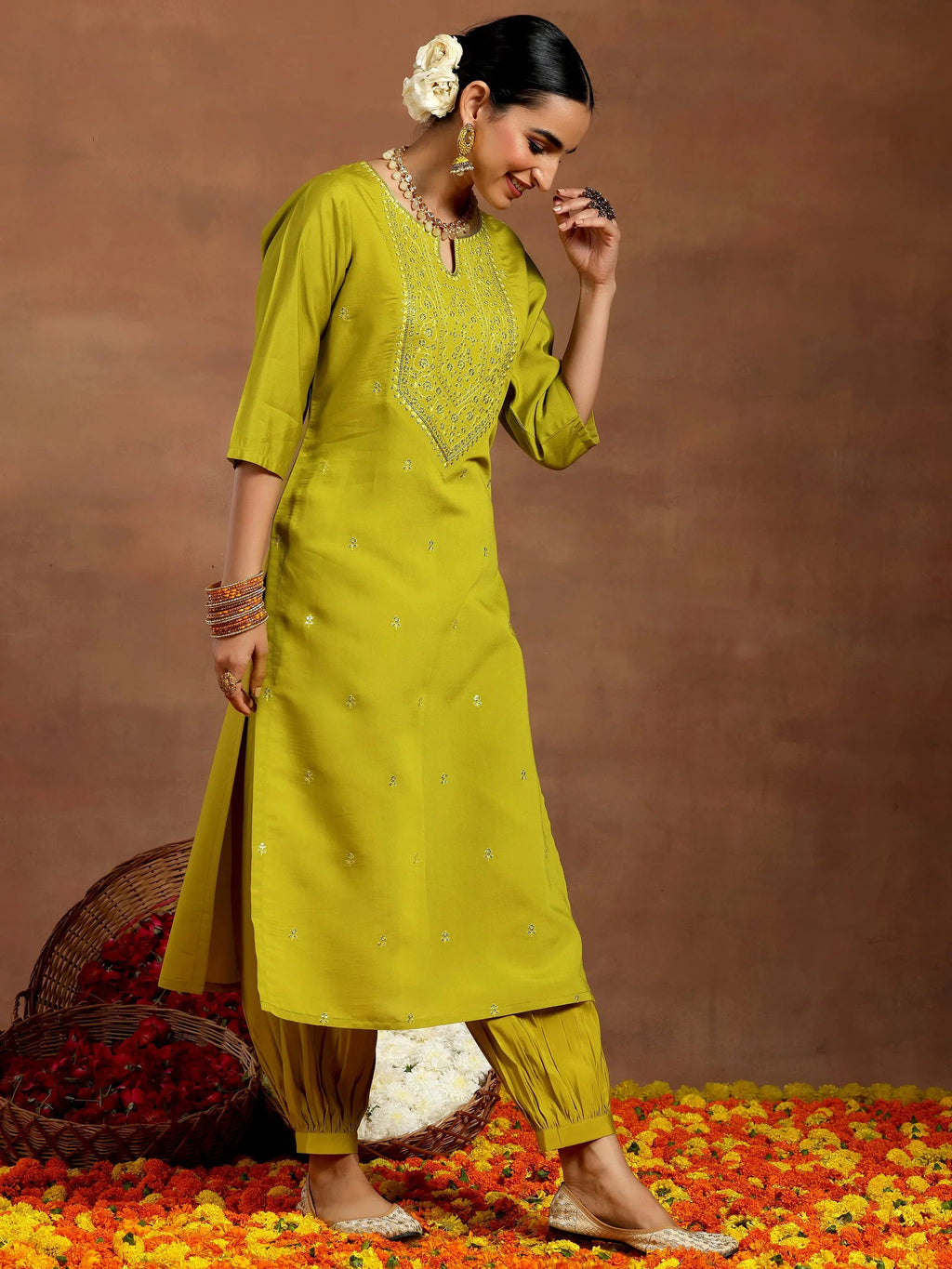 Gerua Lime Green Embroidered Silk Blend Straight Kurta Set